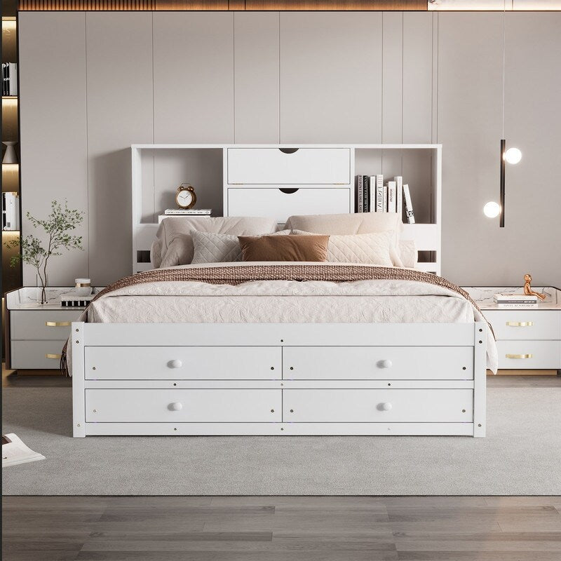Wooden Queen Size Platform Bed with Storage Headboard, 8 Drawers