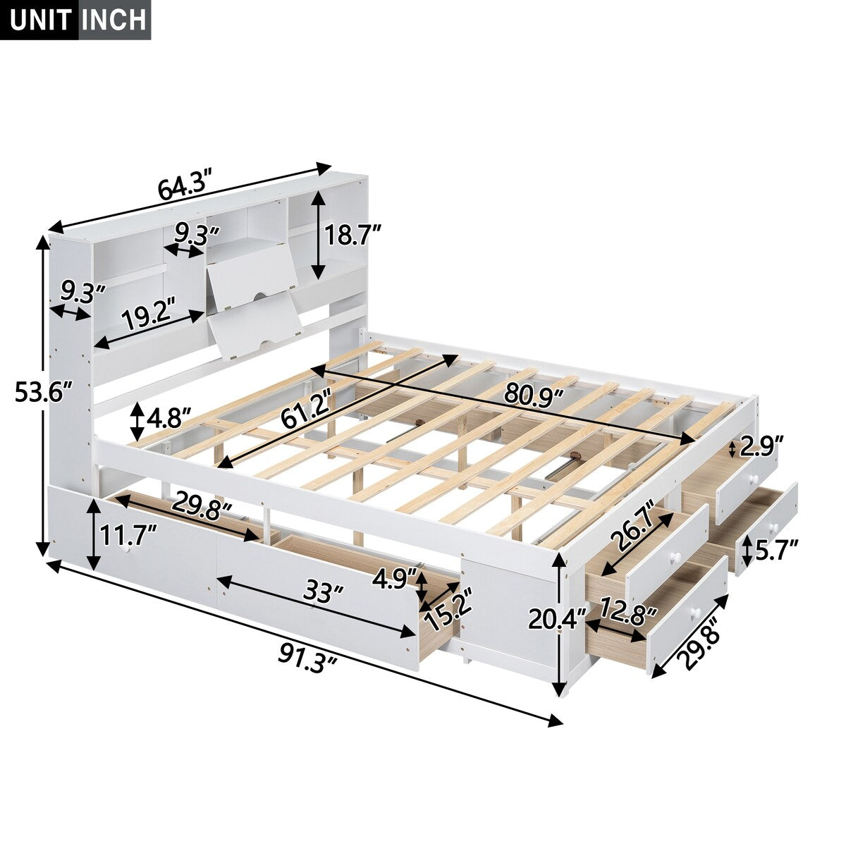 Wooden Queen Size Platform Bed with Storage Headboard, 8 Drawers