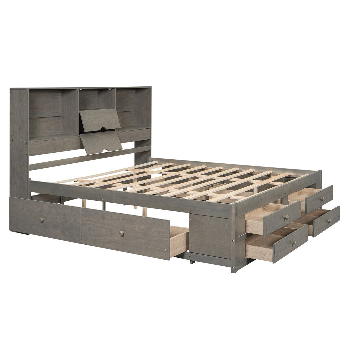 Wooden Queen Size Platform Bed with Storage Headboard, 8 Drawers