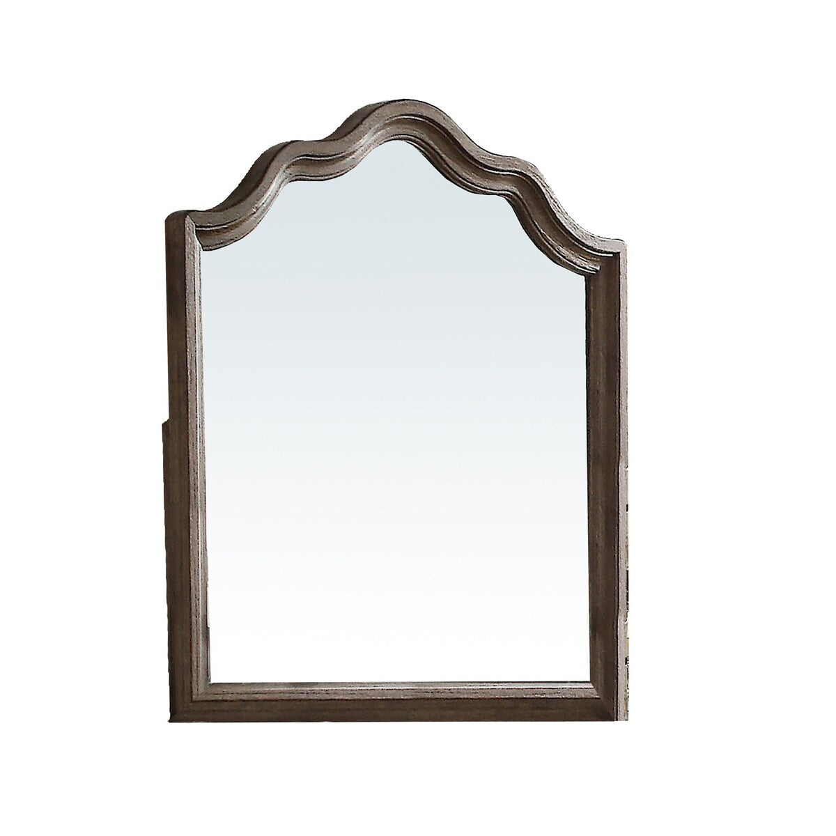 Wooden Rectangular Shape Mirror with Scalloped Top, Brown and Silver