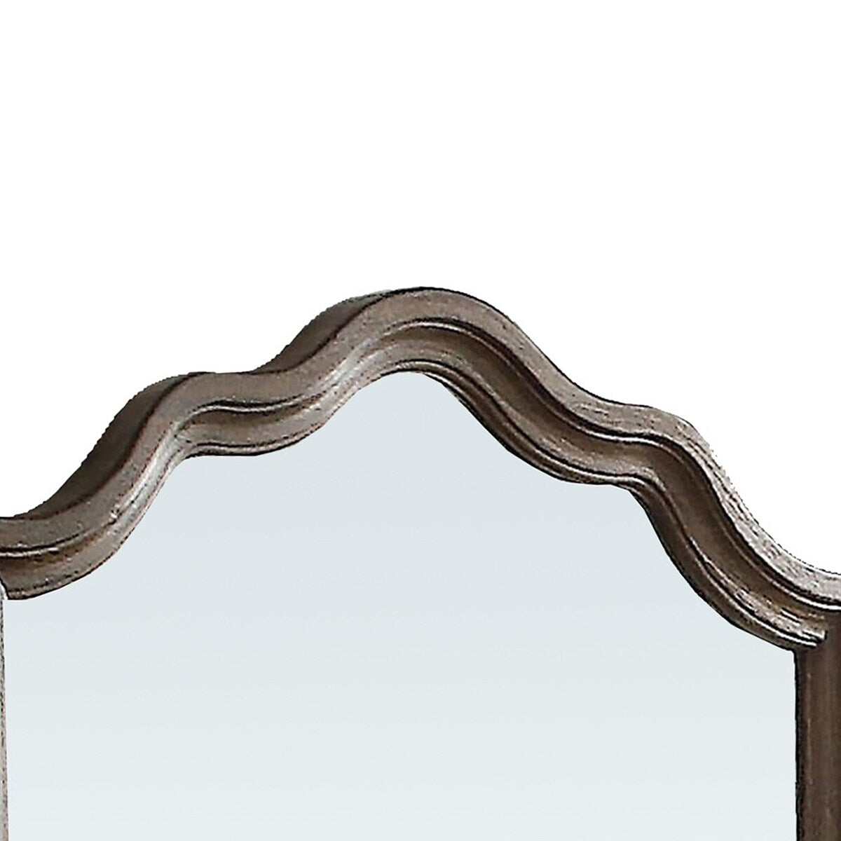 Wooden Rectangular Shape Mirror with Scalloped Top, Brown and Silver