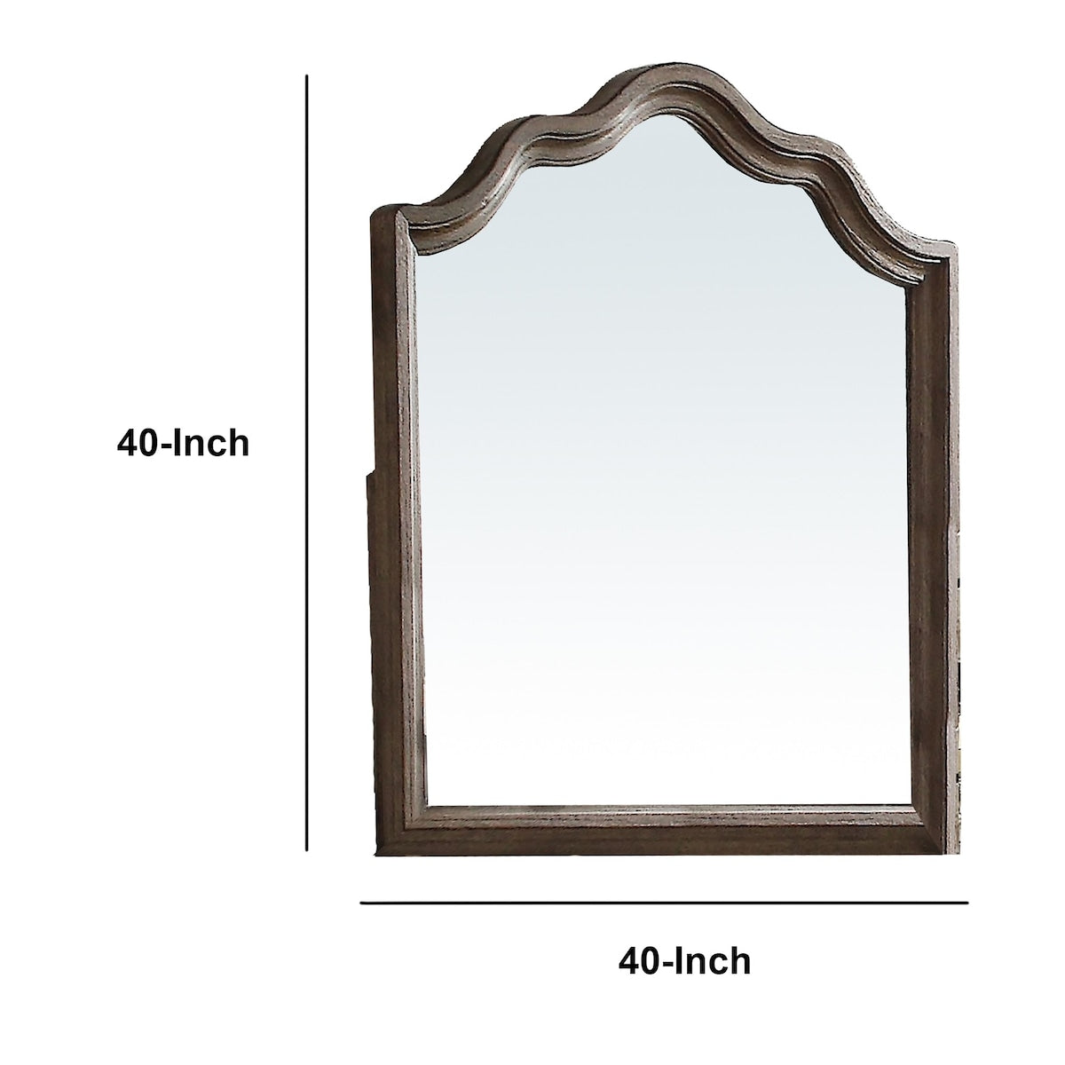 Wooden Rectangular Shape Mirror with Scalloped Top, Brown and Silver