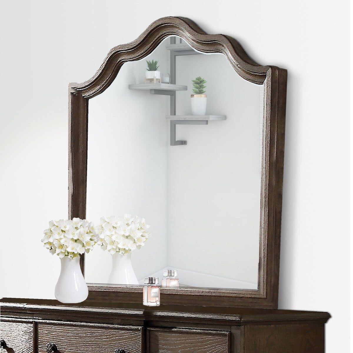Wooden Rectangular Shape Mirror with Scalloped Top, Brown and Silver