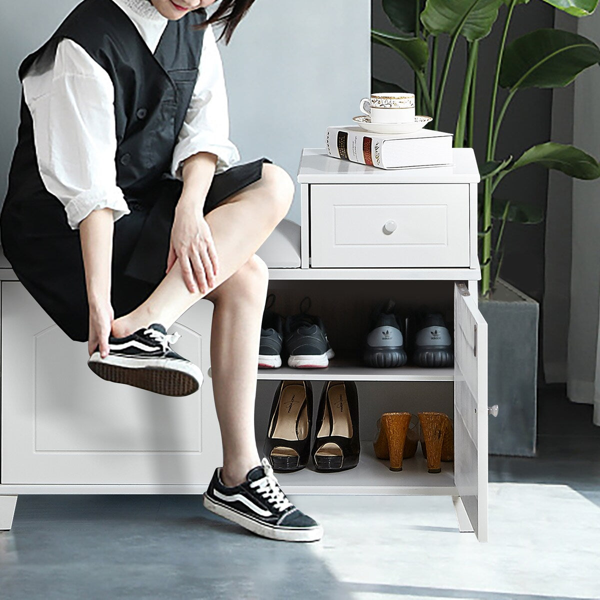 Wooden Shoe Storage Bench Shoe Ottoman Cabinet with Drawer