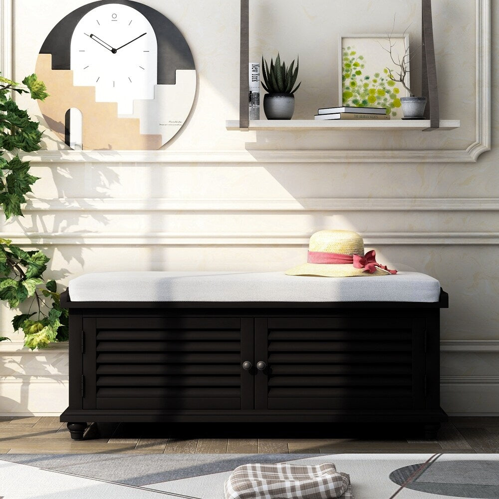 Wooden Shoe Storage Bench with Removable Cushion, Cabinet