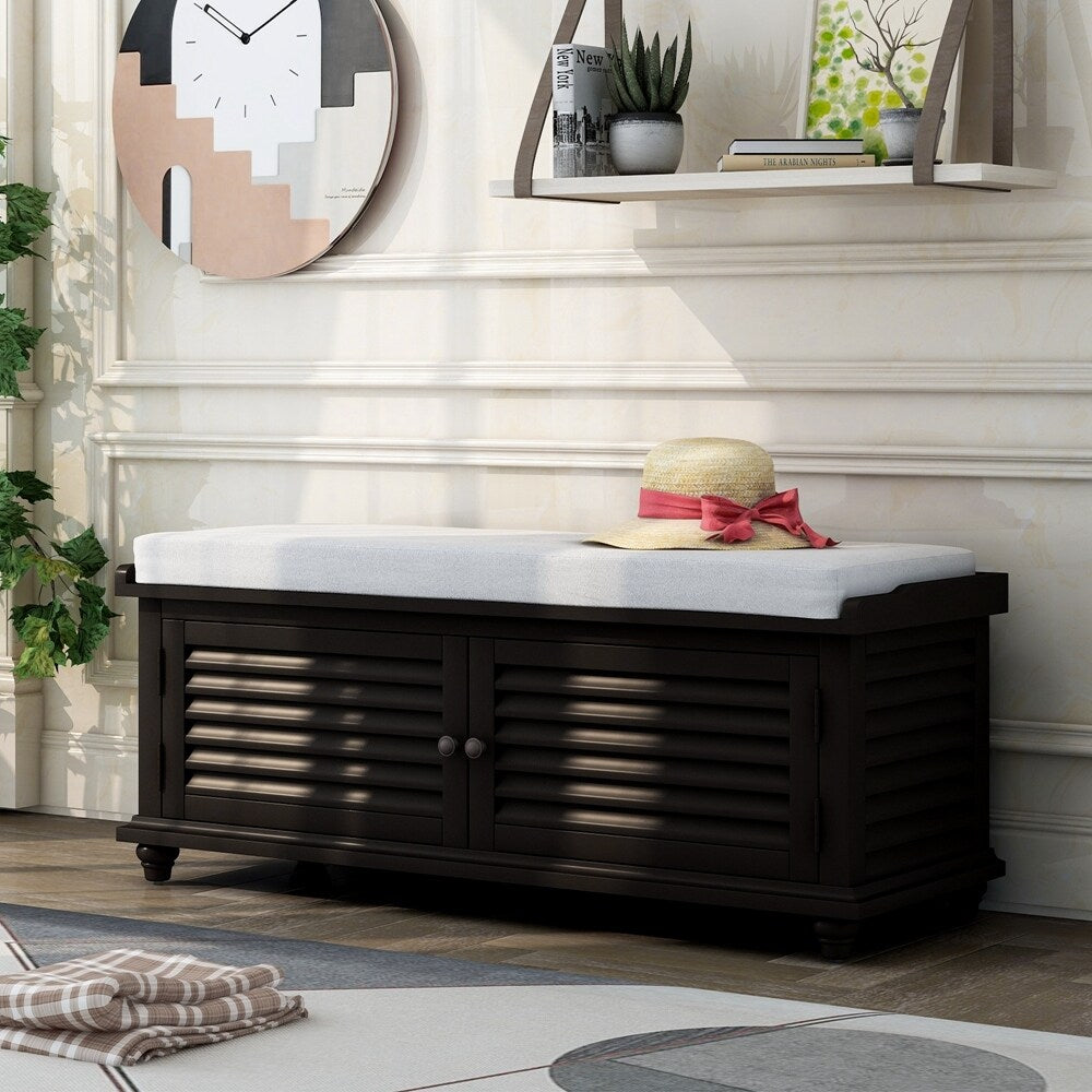 Wooden Shoe Storage Bench with Removable Cushion, Cabinet