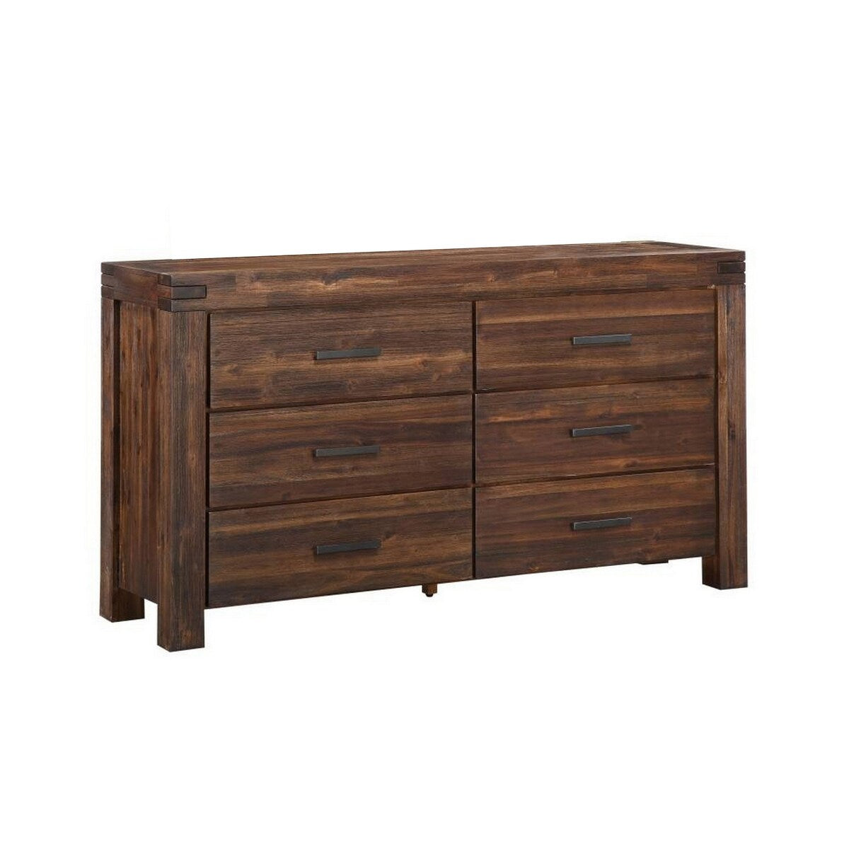 Wooden Six Drawer Dresser with Metal Pull and Tenon Corner Joints, Brick Brown