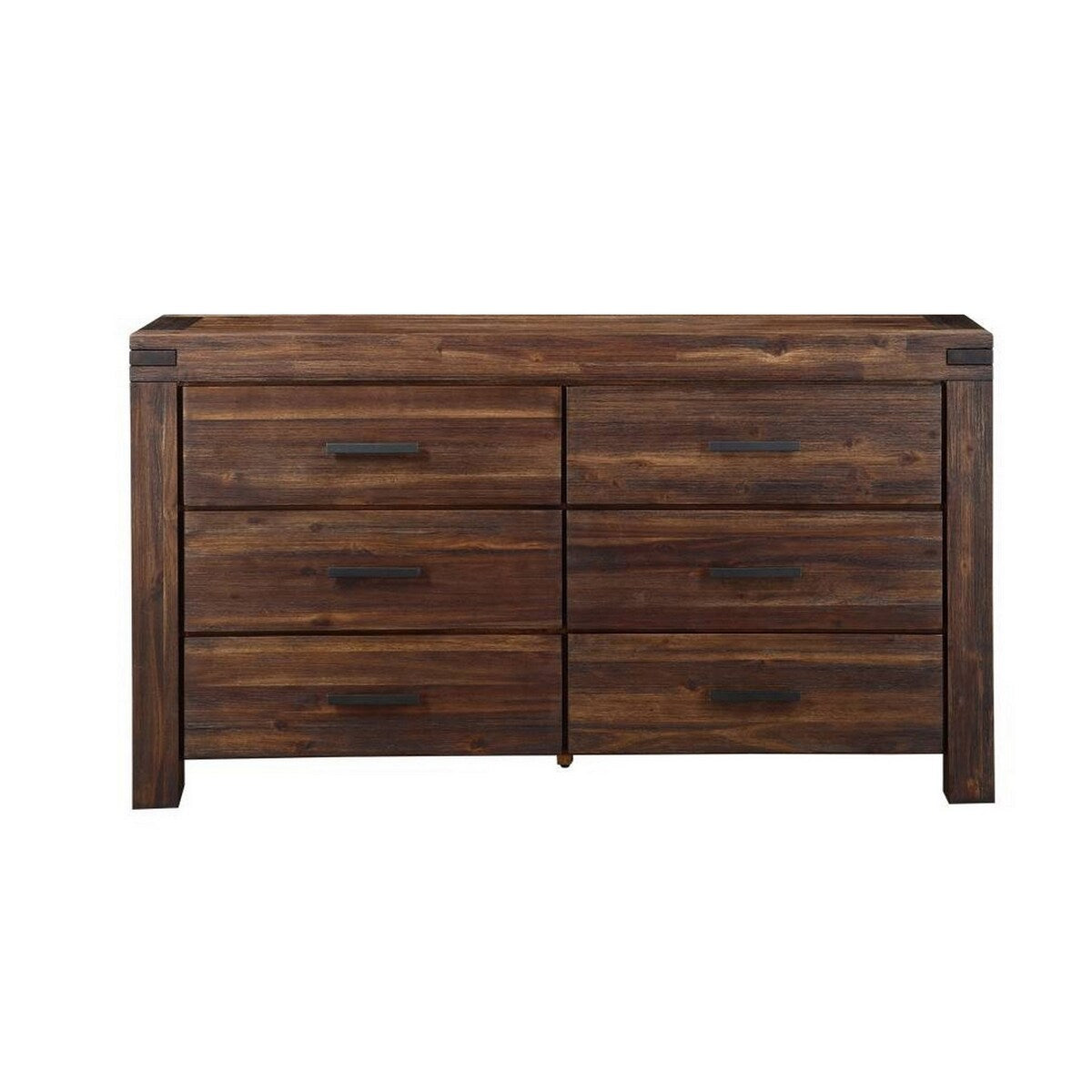Wooden Six Drawer Dresser with Metal Pull and Tenon Corner Joints, Brick Brown