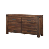 Wooden Six Drawer Dresser with Metal Pull and Tenon Corner Joints, Brick Brown