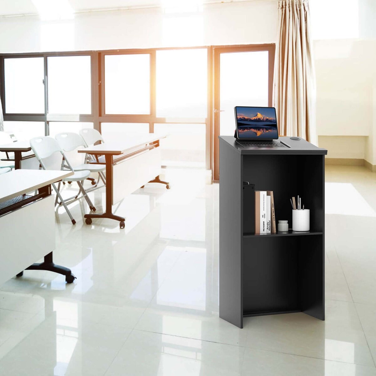 Wooden Speaking Lectern Floor Standing Podium w/ Adjustable Shelf