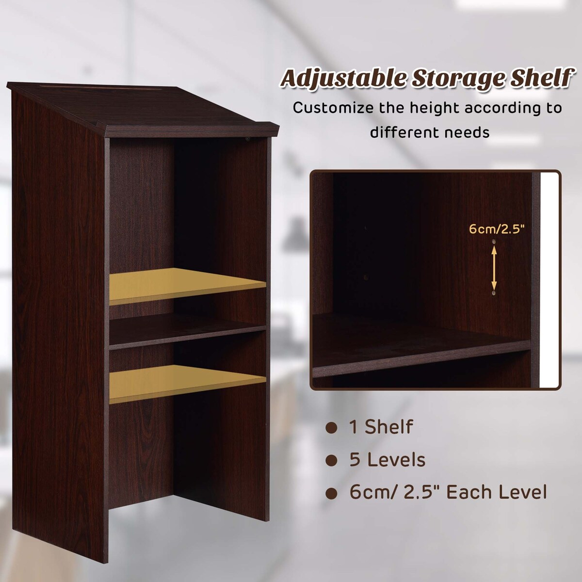 Wooden Speaking Lectern Floor Standing Podium w/ Adjustable Shelf