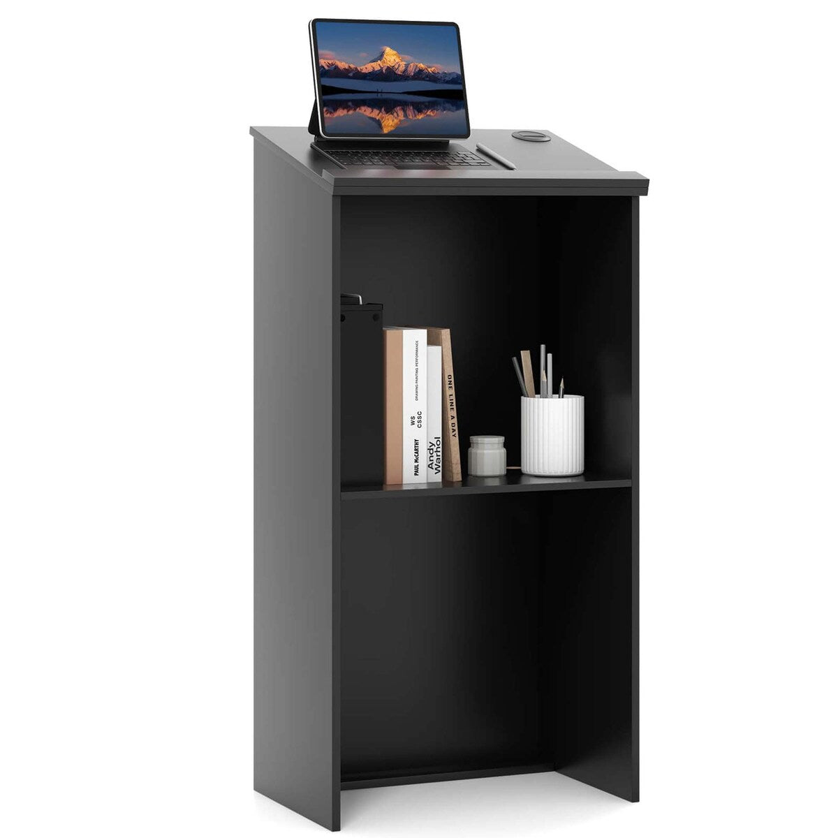 Wooden Speaking Lectern Floor Standing Podium w/ Adjustable Shelf