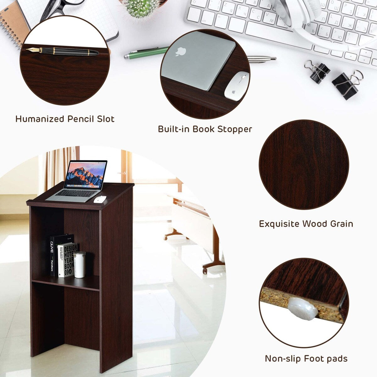 Wooden Speaking Lectern Floor Standing Podium w/ Adjustable Shelf