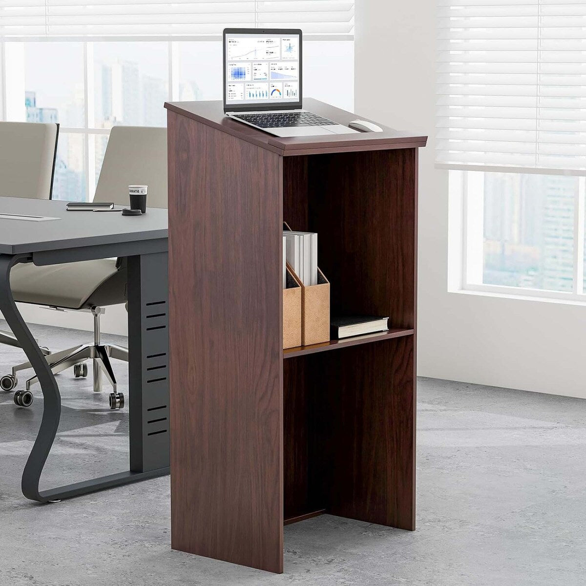 Wooden Speaking Lectern Floor Standing Podium w/ Adjustable Shelf
