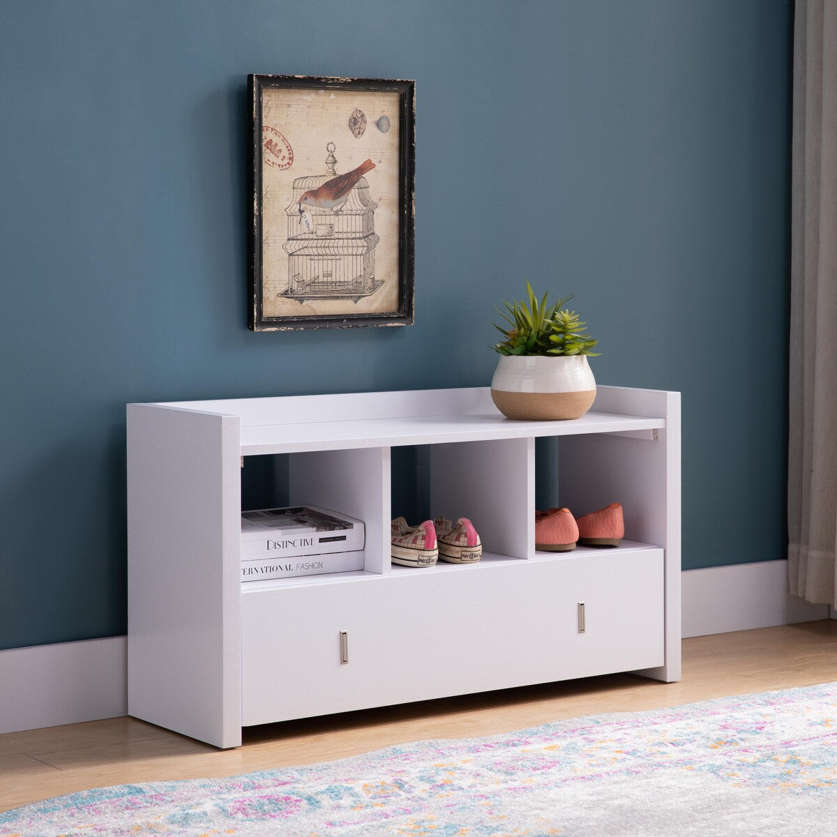 Wooden Storage Shoe Rack Bench With 3 Shelves and Raised Top, Distressed Gray