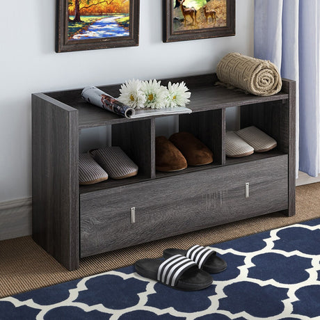 Wooden Storage Shoe Rack Bench With 3 Shelves and Raised Top, Distressed Gray