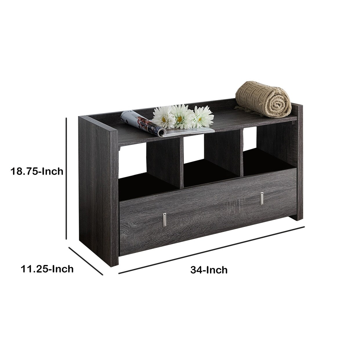 Wooden Storage Shoe Rack Bench With 3 Shelves and Raised Top, Distressed Gray