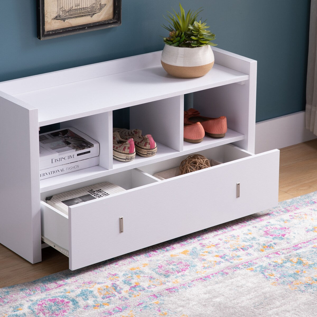Wooden Storage Shoe Rack Bench With 3 Shelves and Raised Top, Distressed Gray