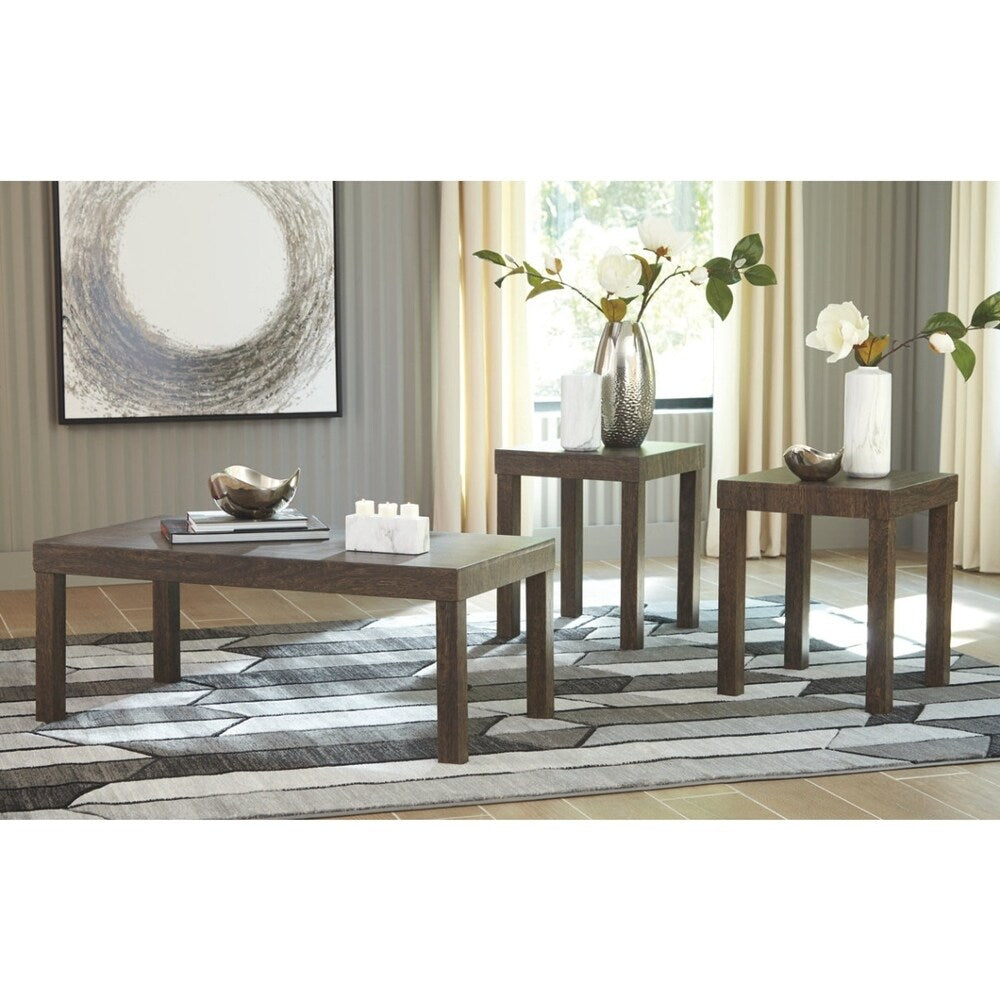 Wooden Table Set with Textural Details and Parson Leg Support, Set of Three, Brown