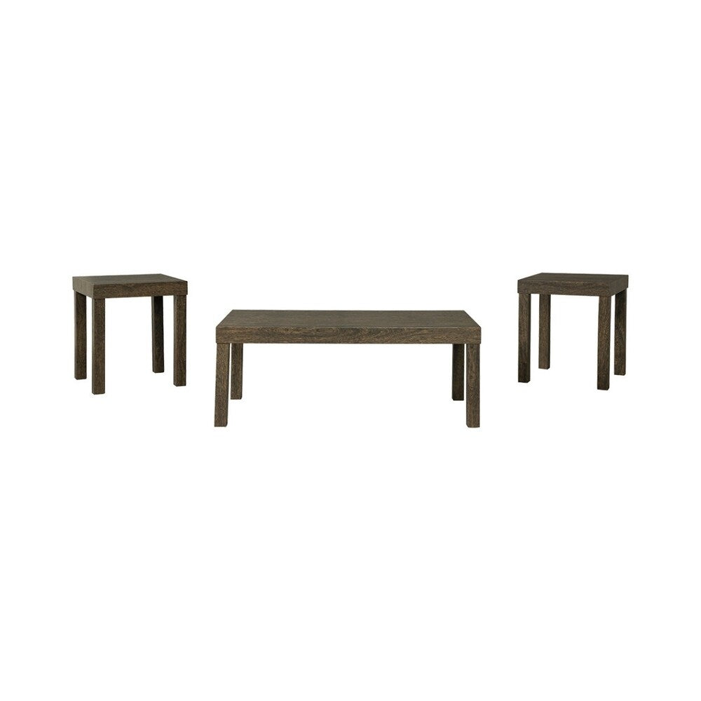 Wooden Table Set with Textural Details and Parson Leg Support, Set of Three, Brown
