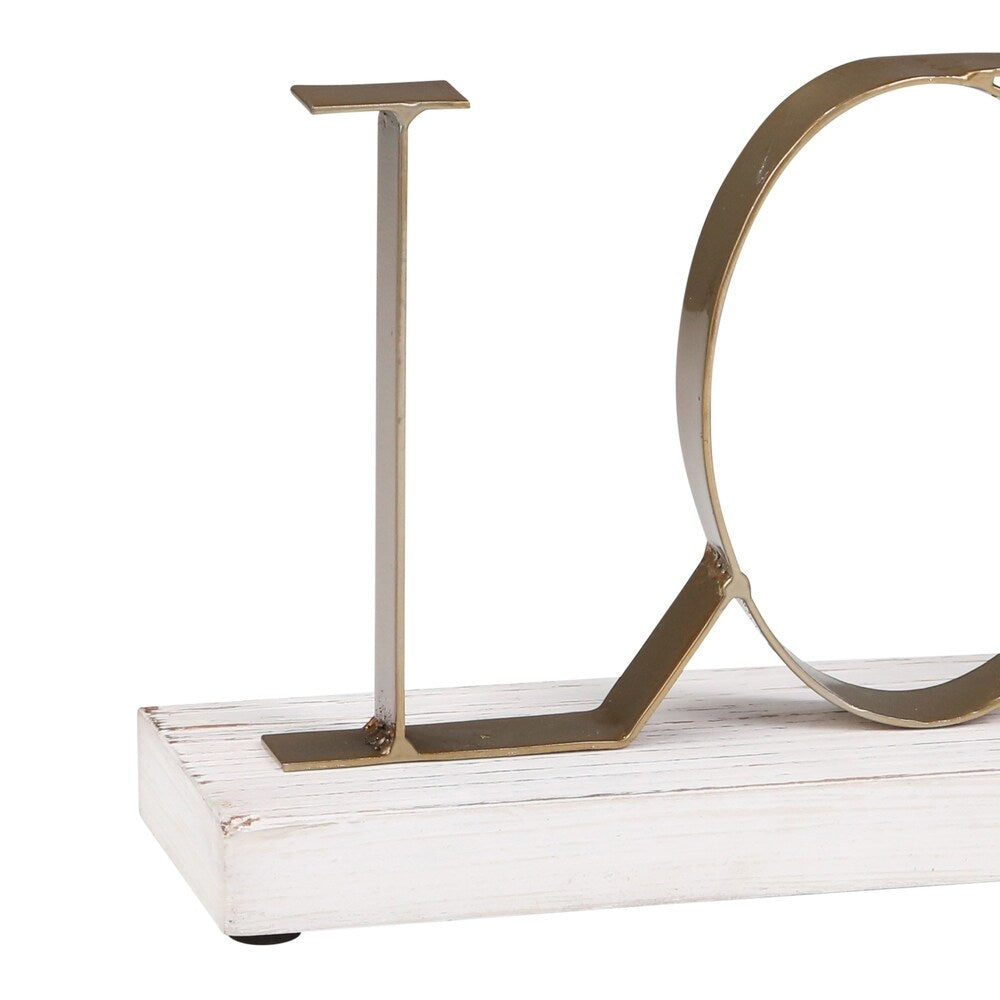 Wooden Tabletop Decor with Metal Love Initialed, White and Bronze