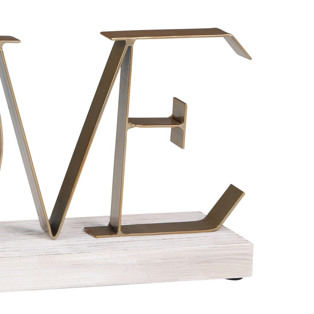 Wooden Tabletop Decor with Metal Love Initialed, White and Bronze