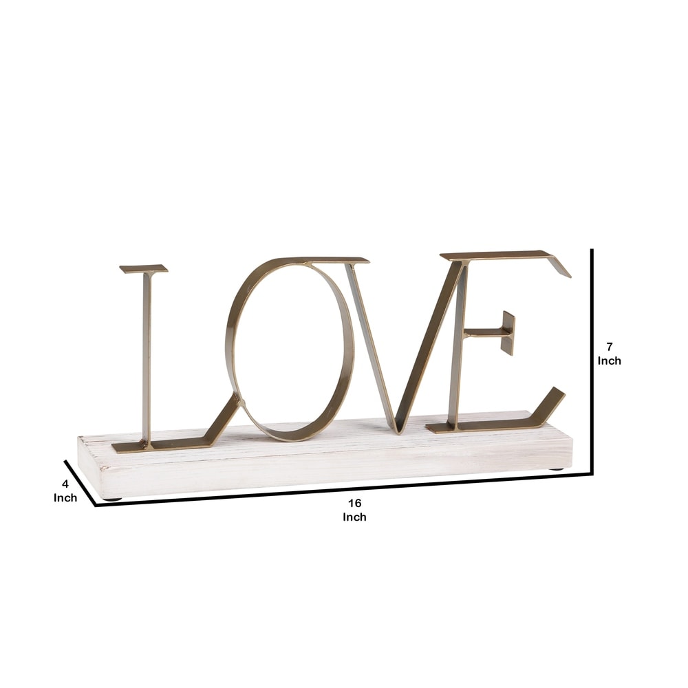 Wooden Tabletop Decor with Metal Love Initialed, White and Bronze