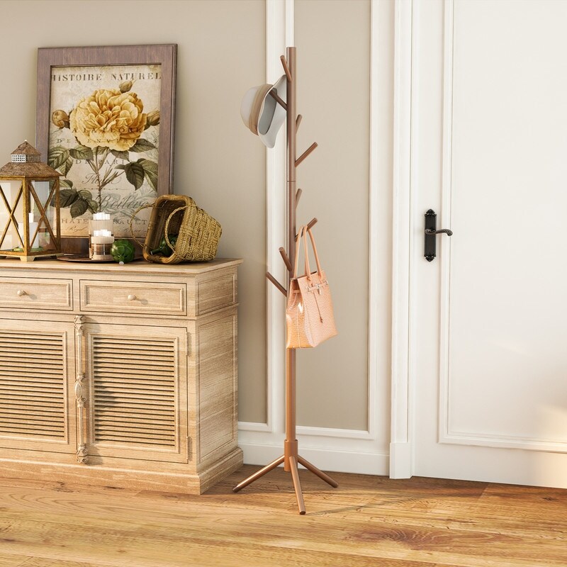 Wooden Triangle Base Standing Coat Rack with 8 Hook