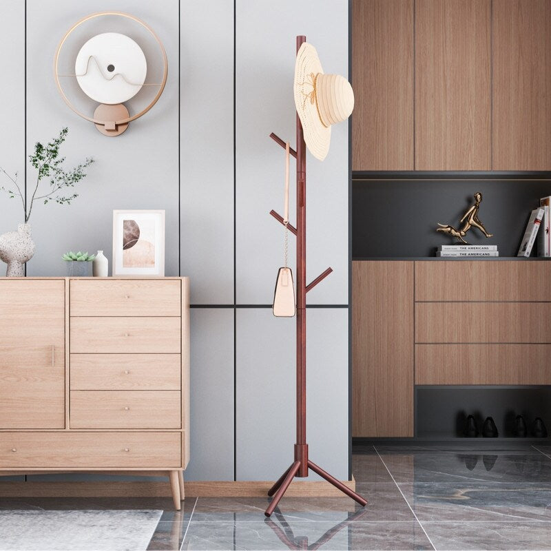 Wooden Triangle Base Standing Coat Rack with 8 Hook