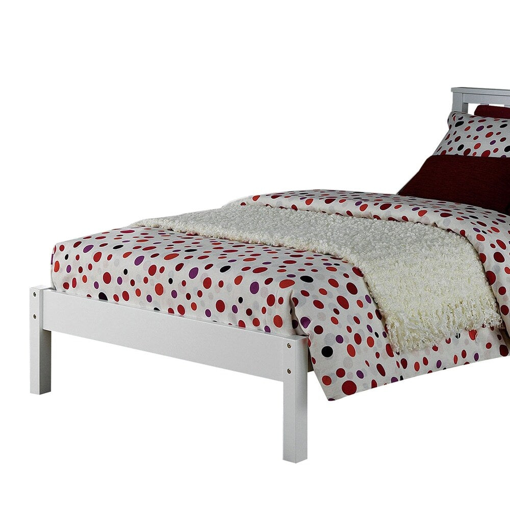 Wooden Twin Size Bed with Slated Headboard and Block Legs, White