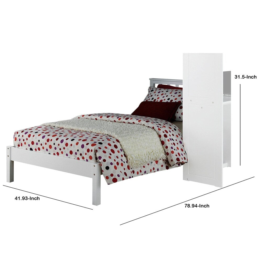 Wooden Twin Size Bed with Slated Headboard and Block Legs, White
