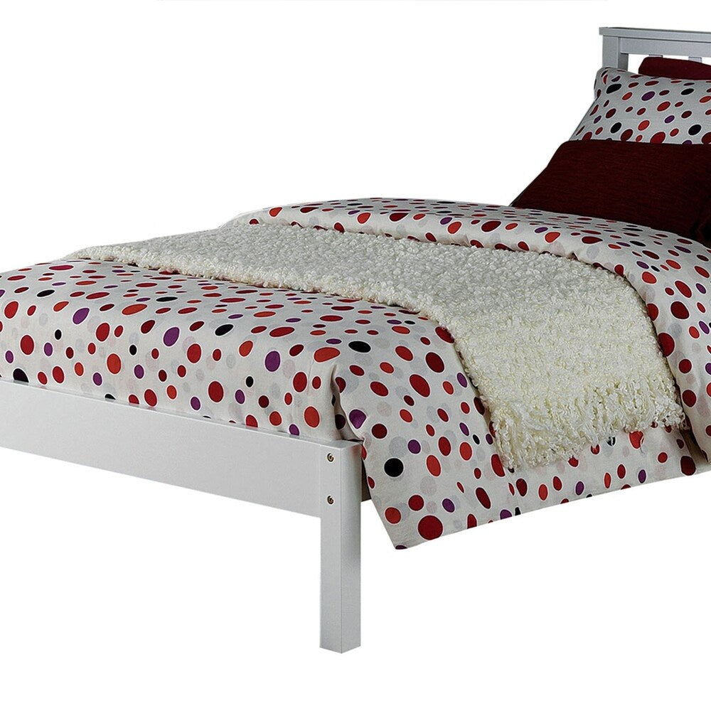 Wooden Twin Size Bed with Slated Headboard and Block Legs, White