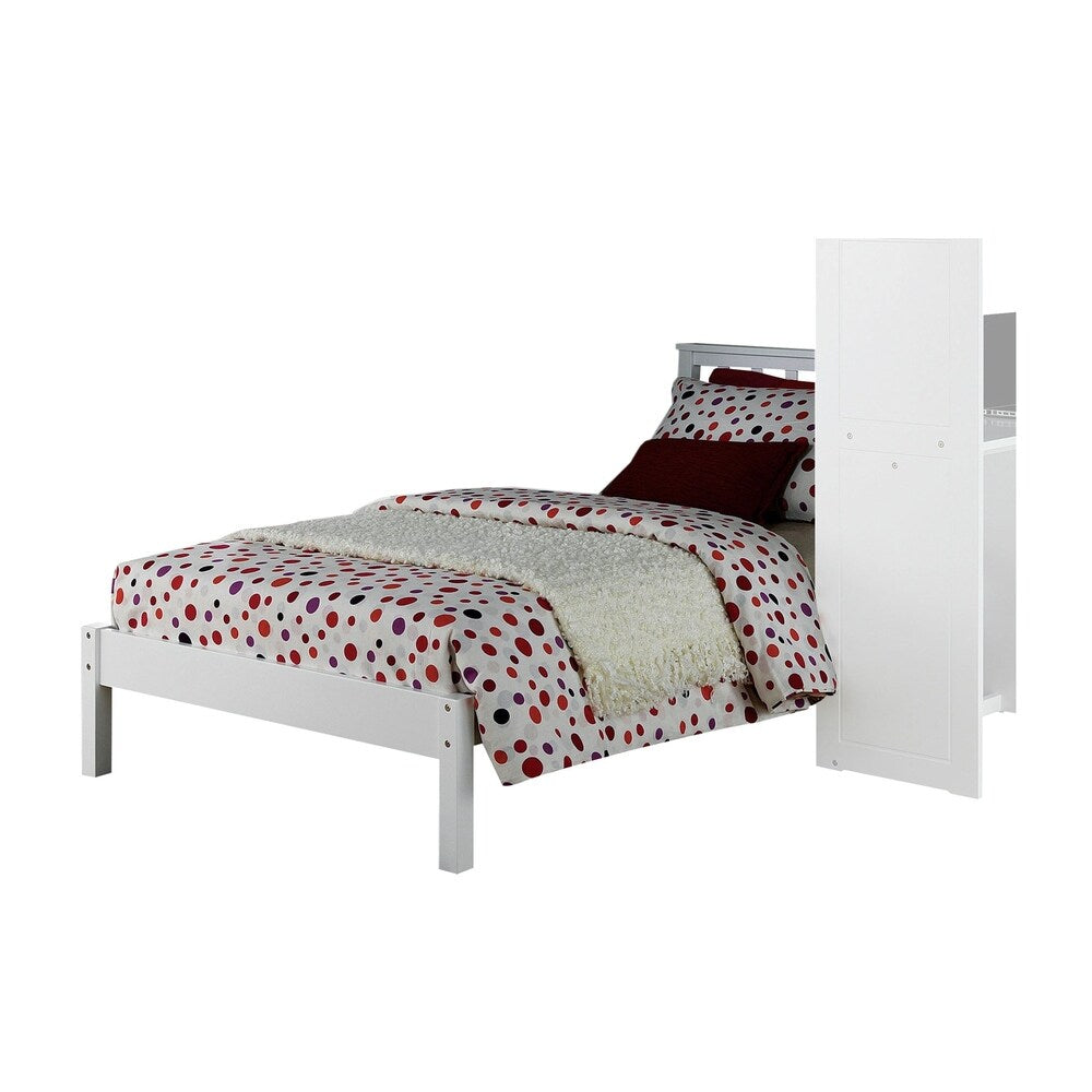 Wooden Twin Size Bed with Slated Headboard and Block Legs, White