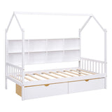 Wooden Twin Size House Bed with 2 Drawers,Kids Bed with Storage Shelf, White