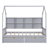 Wooden Twin Size House Bed with 2 Drawers,Kids Bed with Storage Shelf, White