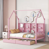 Wooden Twin Size House Bed with 2 Drawers,Kids Bed with Storage Shelf, White