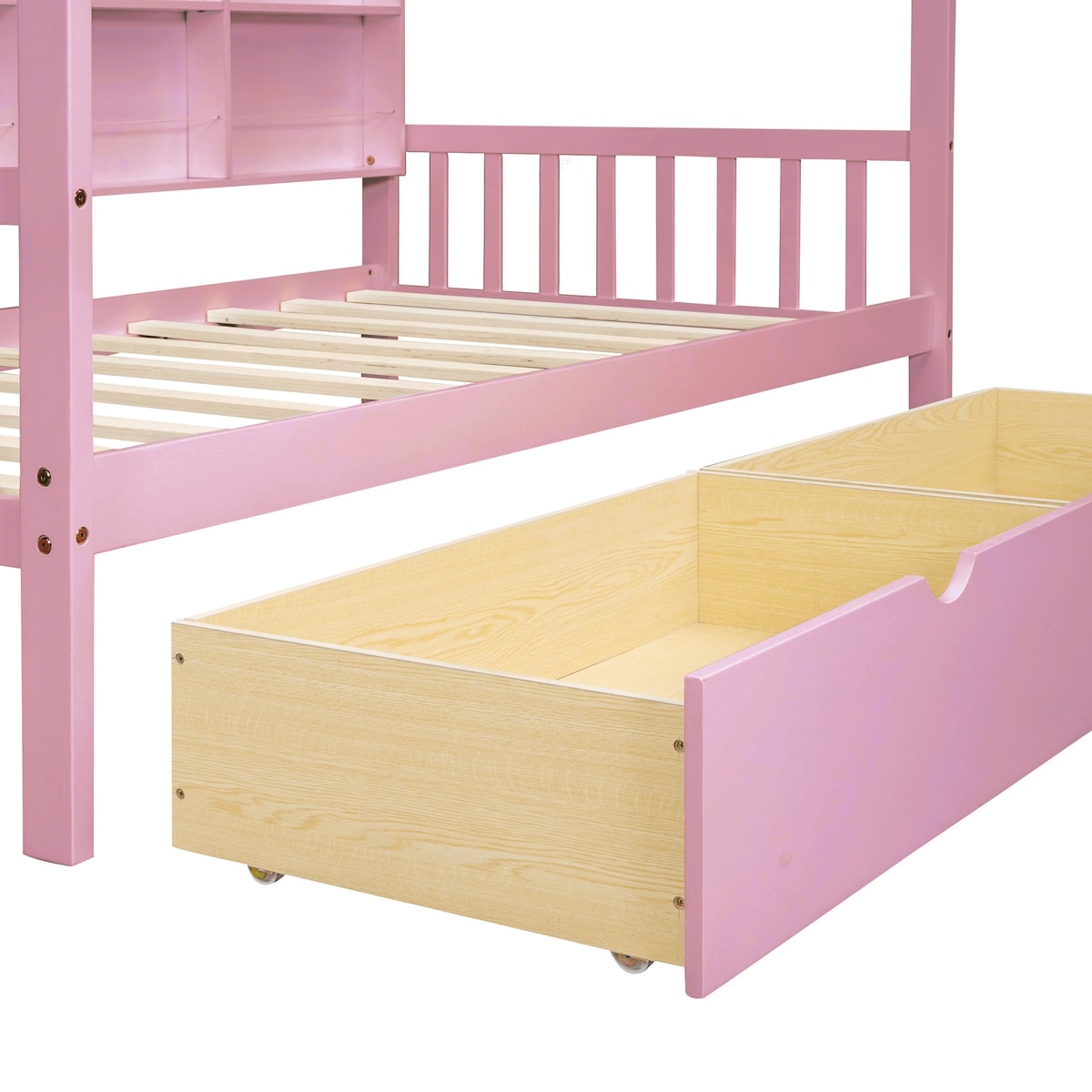 Wooden Twin Size House Bed with 2 Drawers,Kids Bed with Storage Shelf, White