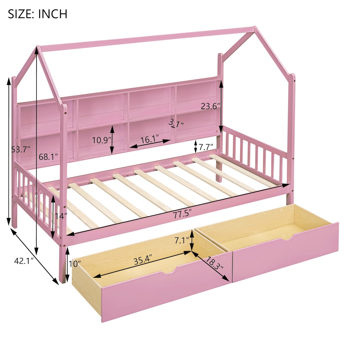 Wooden Twin Size House Bed with 2 Drawers,Kids Bed with Storage Shelf, White
