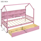 Wooden Twin Size House Bed with 2 Drawers,Kids Bed with Storage Shelf, White