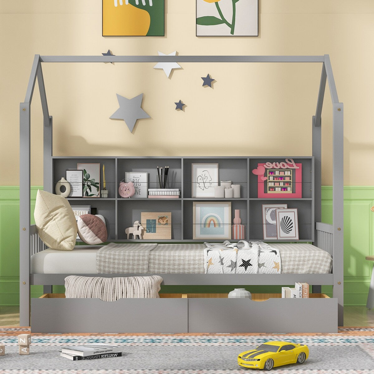 Wooden Twin Size House Bed with 2 Drawers,Kids Bed with Storage Shelf, White