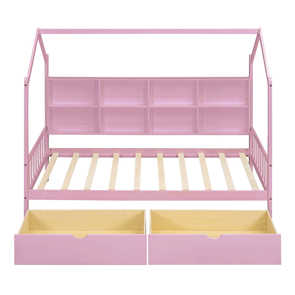 Wooden Twin Size House Bed with 2 Drawers,Kids Bed with Storage Shelf, White