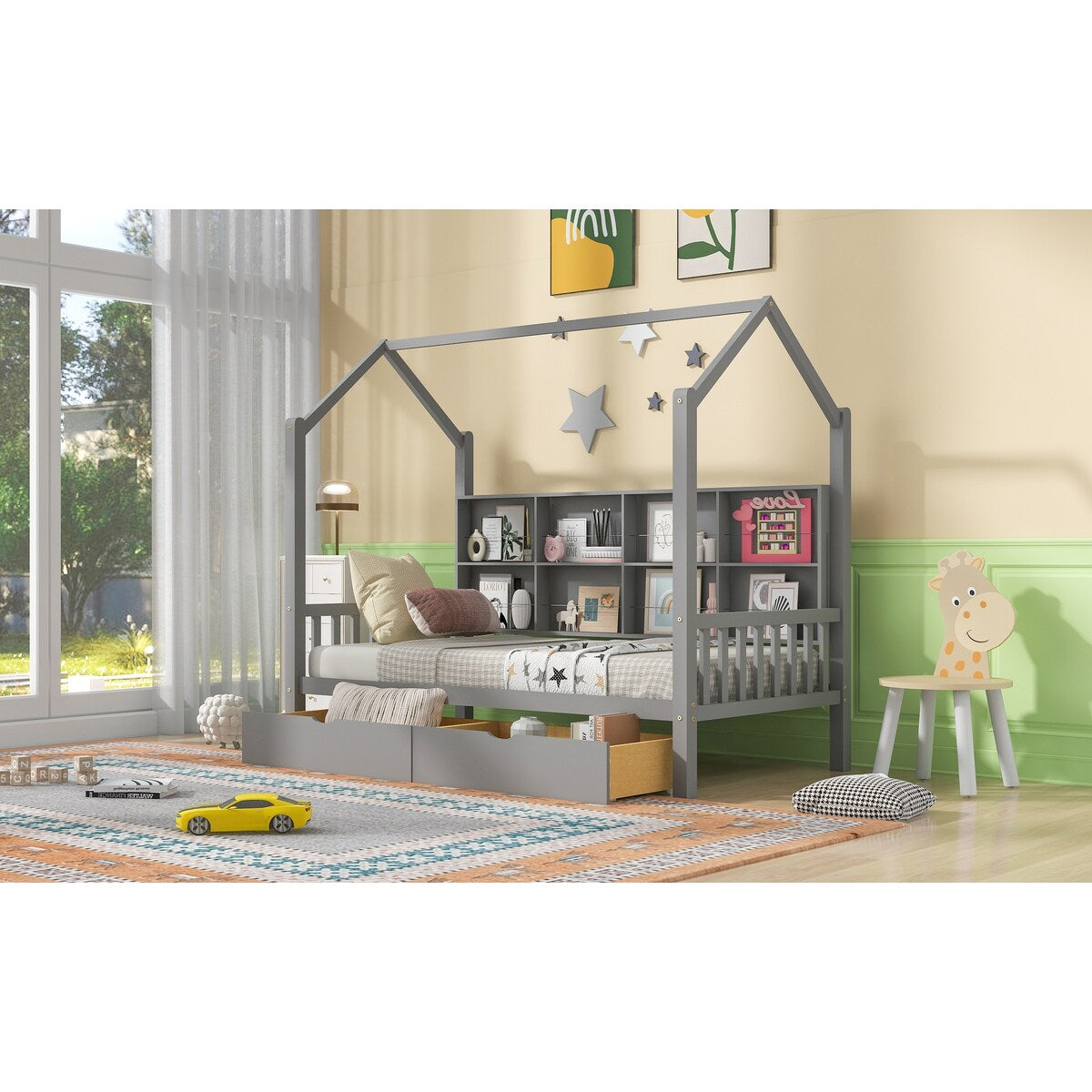 Wooden Twin Size House Bed with 2 Drawers,Kids Bed with Storage Shelf, White