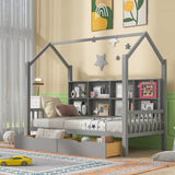 Wooden Twin Size House Bed with 2 Drawers,Kids Bed with Storage Shelf, White