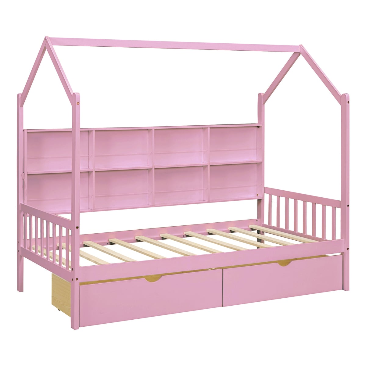 Wooden Twin Size House Bed with 2 Drawers,Kids Bed with Storage Shelf, White