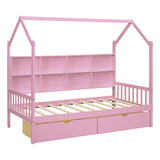 Wooden Twin Size House Bed with 2 Drawers,Kids Bed with Storage Shelf, White