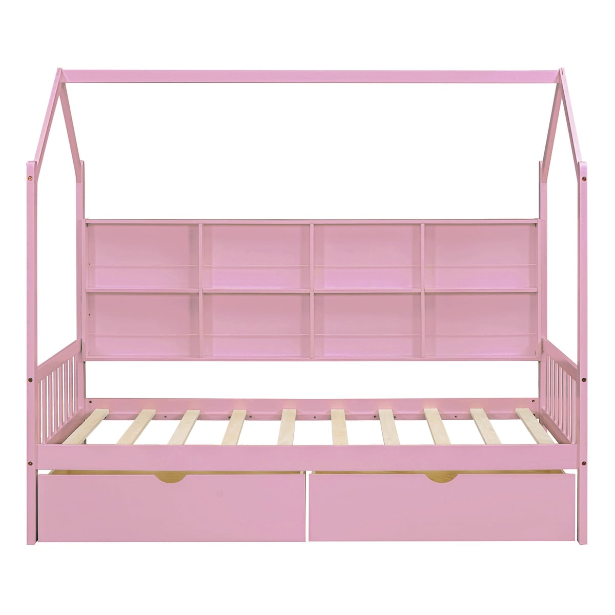 Wooden Twin Size House Bed with 2 Drawers,Kids Bed with Storage Shelf, White