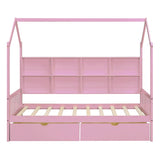 Wooden Twin Size House Bed with 2 Drawers,Kids Bed with Storage Shelf, White