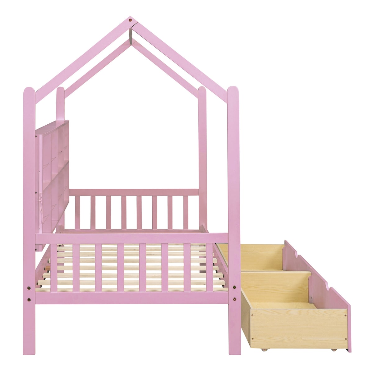 Wooden Twin Size House Bed with 2 Drawers,Kids Bed with Storage Shelf, White