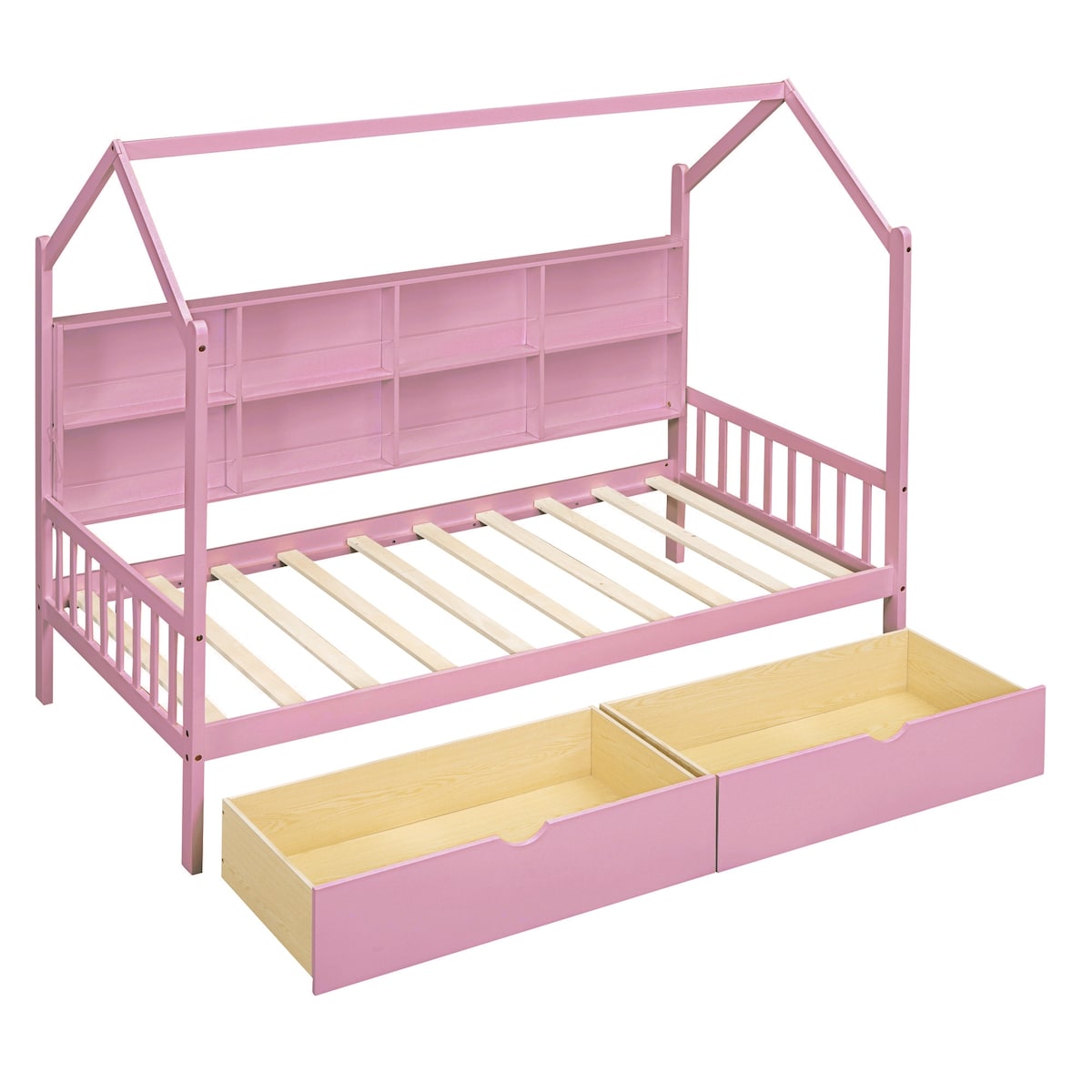 Wooden Twin Size House Bed with 2 Drawers,Kids Bed with Storage Shelf, White
