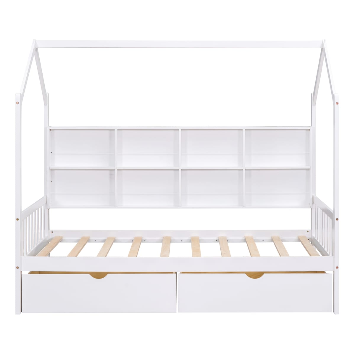 Wooden Twin Size House Bed with 2 Drawers,Kids Bed with Storage Shelf, White
